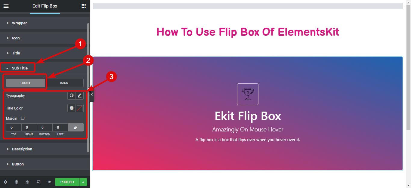 impostazioni del flip box in stile sottotitolo: come creare overlay e al passaggio del mouse su Flipbox in WordPress