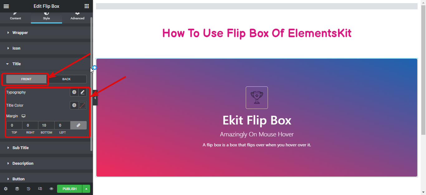 impostazioni del flip box in stile titolo: come creare overlay e al passaggio del mouse su Flipbox in WordPress