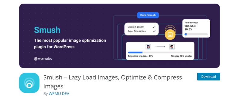 capture d'écran de la page de téléchargement du plugin smush wordpress pour les photographes