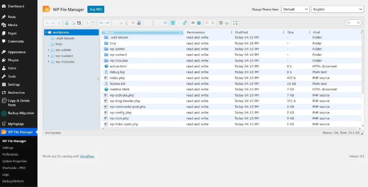 La dashboard del plugin File Manager in WordPress.