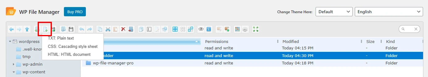 Creazione di un nuovo file all'interno di WP File Manager in WordPress.