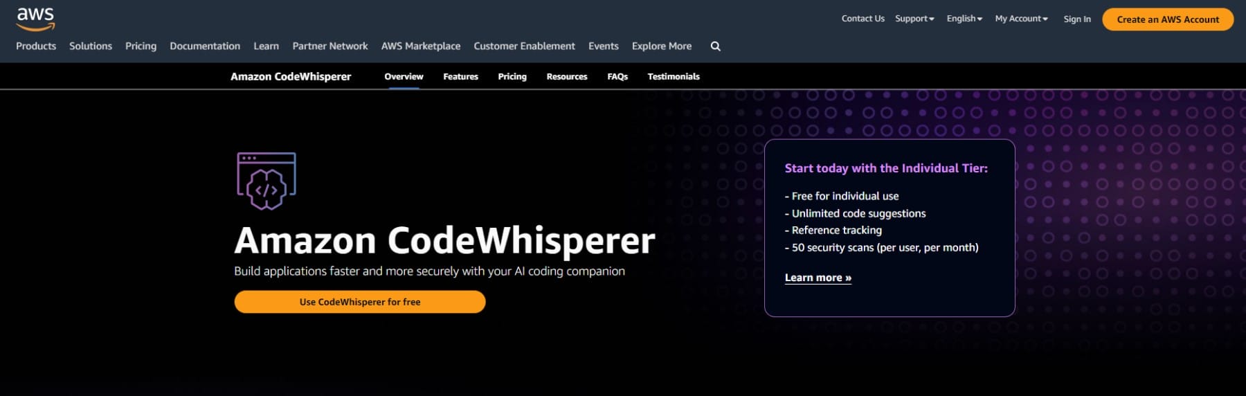 Amazon CodeWhisperer - Home page maggio 2023