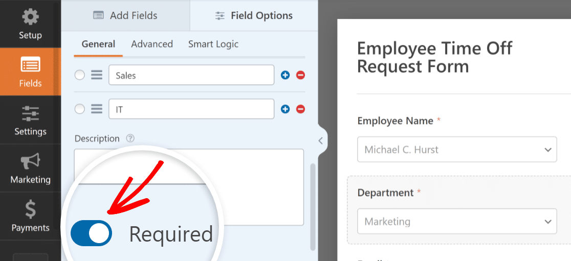 Mark department field as required