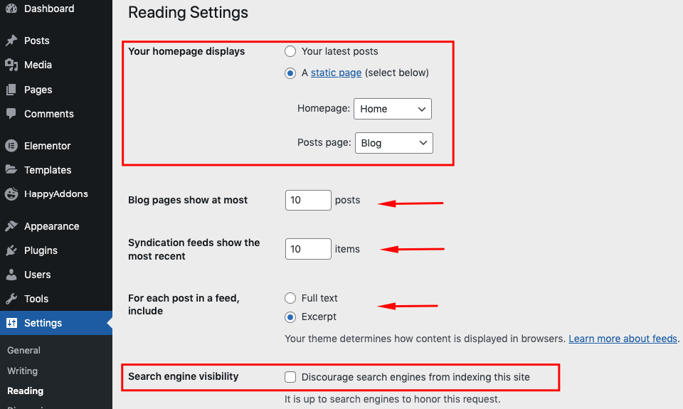 Configuration des options de lecture générales de WordPress