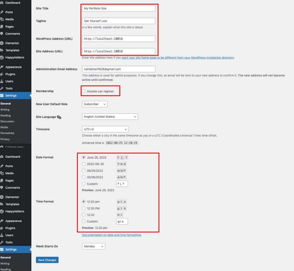 Afficher les paramètres généraux d'un site WordPress - comment créer un site Web gratuitement