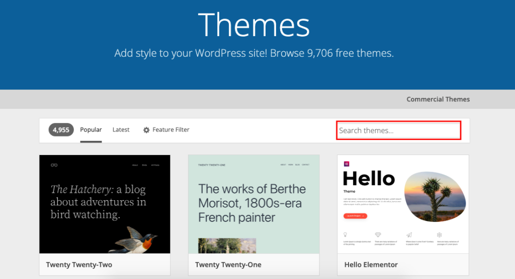 Affichage de la barre de recherche des thèmes WordPress