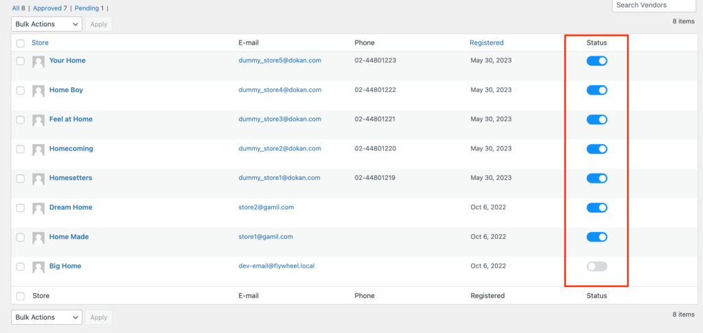 This is a screenshot of the vendors Selling Status