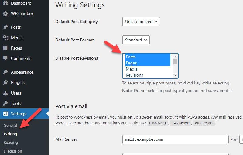 Configuración de escritura de wpordpress