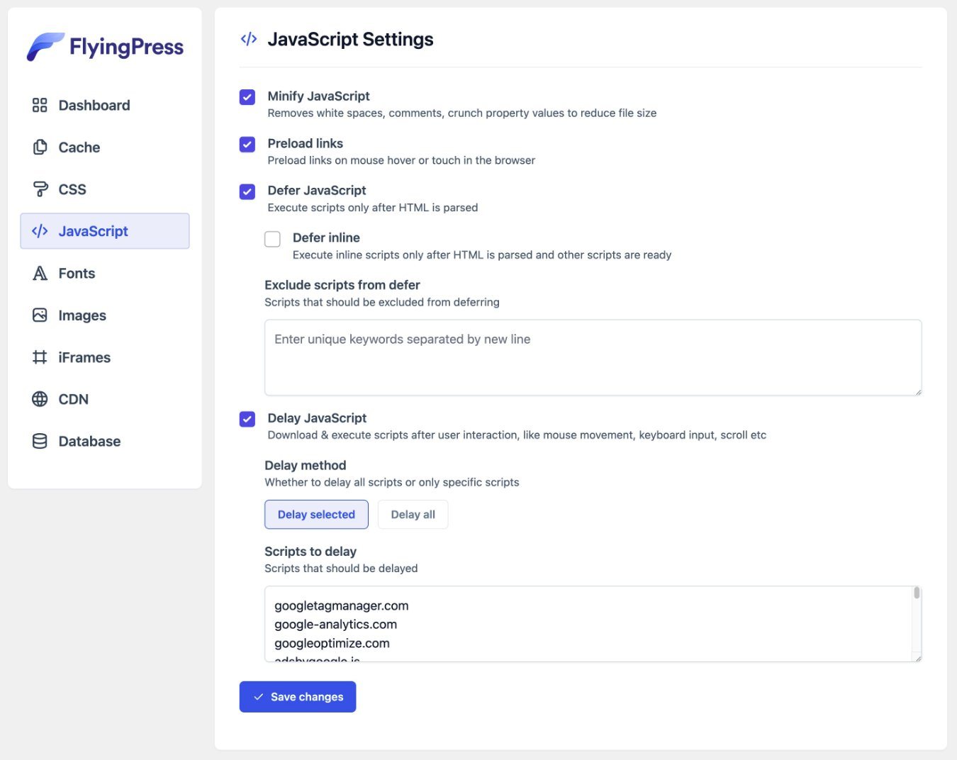 Revisione delle ottimizzazioni JavaScript di FlyingPress