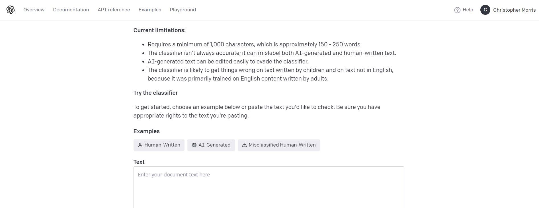 OpenAI Text Classifier - ランディングページ 2023 年 5 月