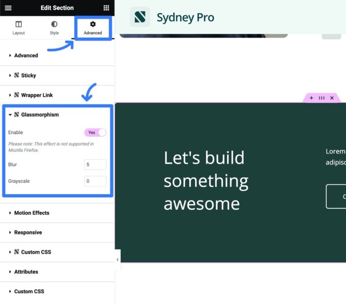 Sydney Pro, Elementor'a Glassmorphism seçeneği ekler