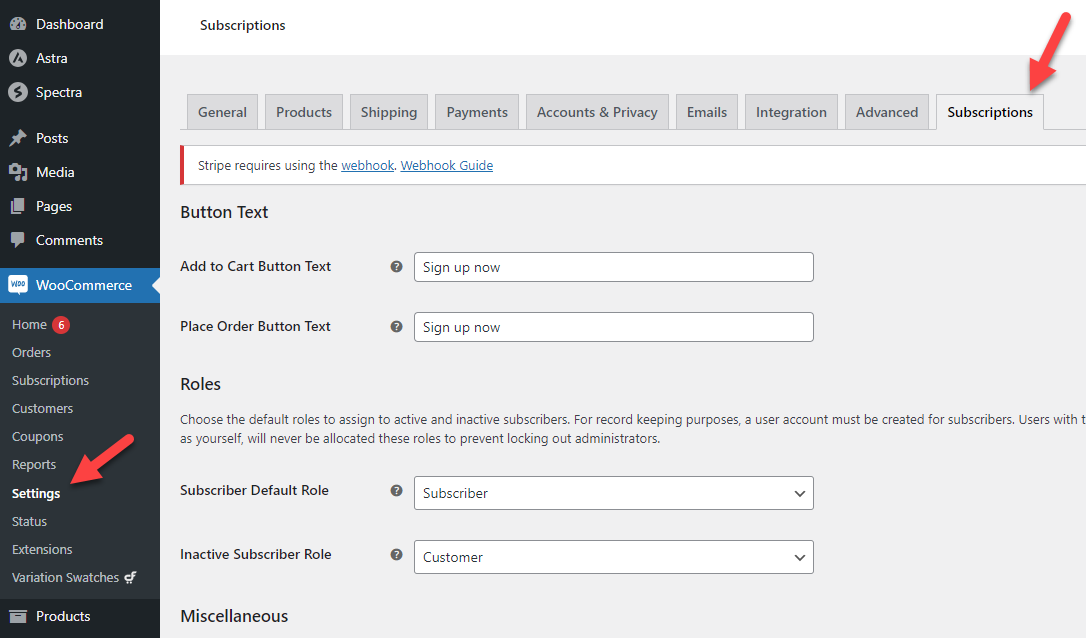 ustawienia subskrypcji woocommerce