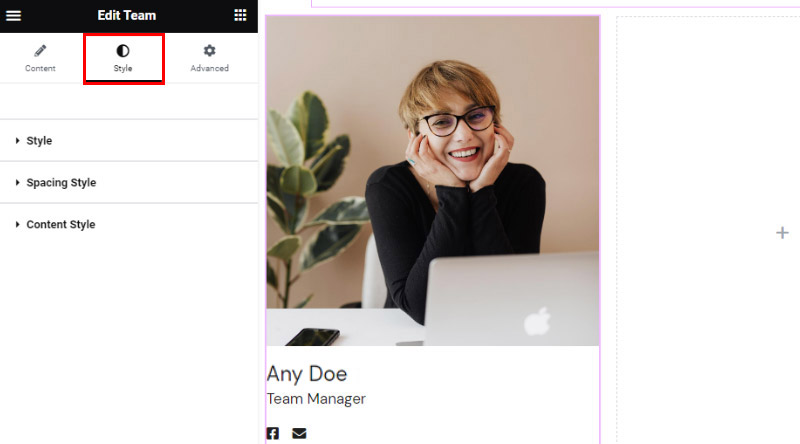 Elementor team member widget style tab