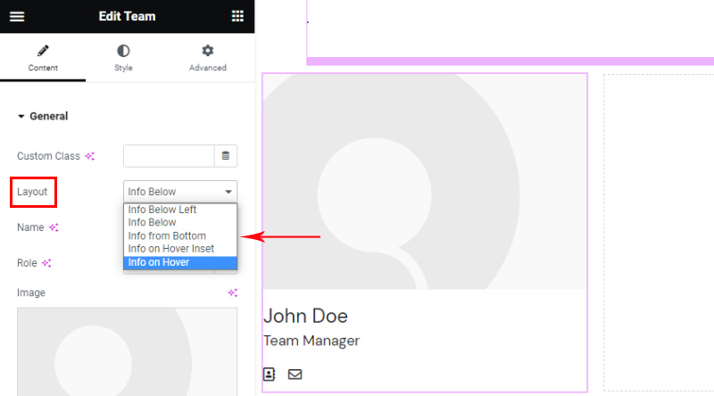 Elementor team member widget layout
