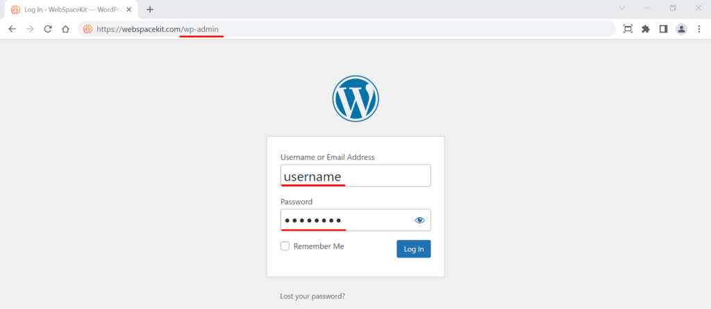 Configurarea unui nou site WordPress Staging - Pasul 1: Pagina de conectare WordPress