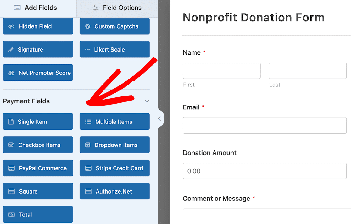 Payment fields in the WPForms form builder