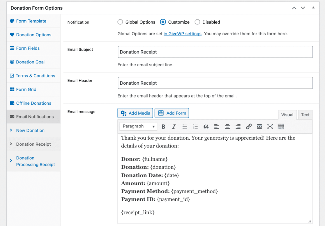GiveWP donation receipt options