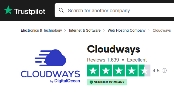 Cloudways Trustpilot 등급