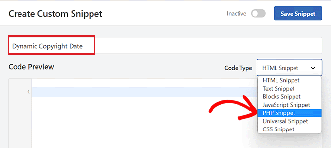 Choose PHP as code type for the dynamic copyright date code