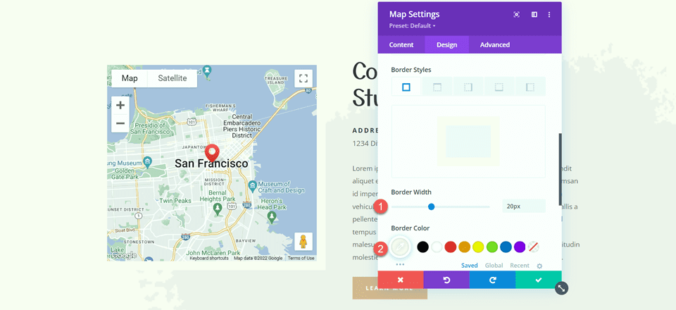 Настройки границы модуля Divi Add Sticky Map