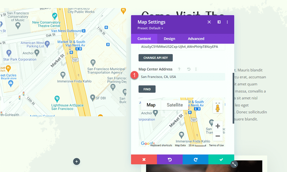 Divi fügt die Kartencenter-Adresse des Sticky Map-Moduls hinzu