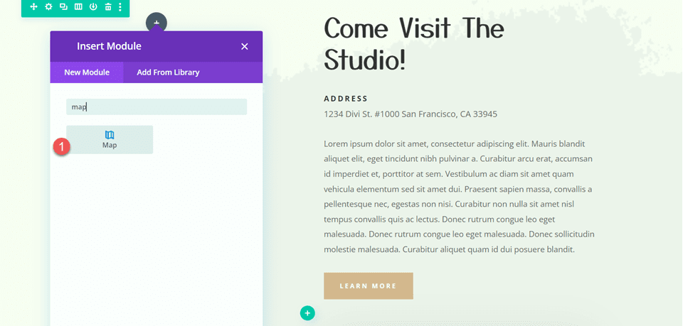 Divi Aggiungi modulo mappa adesiva Aggiungi modulo mappa