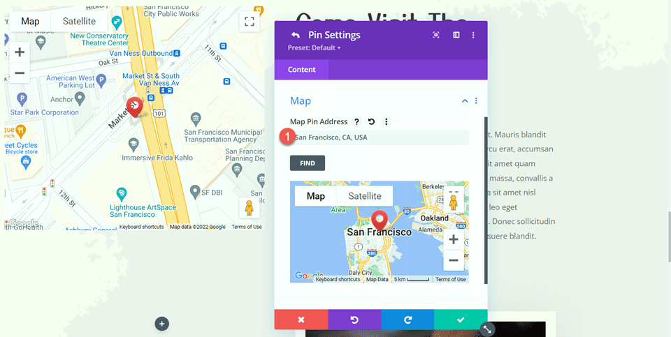 Divi Aggiungi il pin della mappa del modulo mappa adesiva