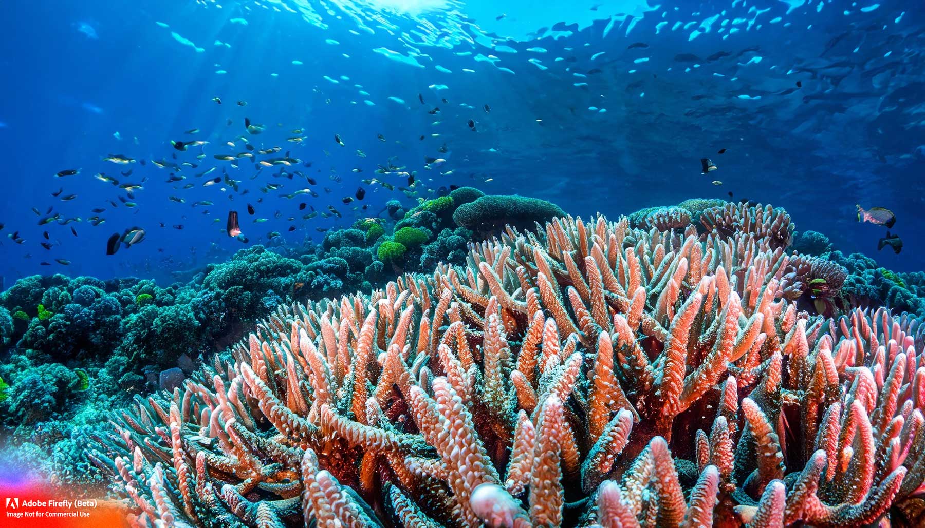 Peces luciérnaga nadando en un arrecife de coral