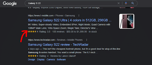 "Samsung Galaxy S22 Ultra"에 대한 검색 결과는 리치 스니펫을 사용하여 별점 3.5개, 항목 가격, 리뷰가 155개임을 표시합니다.