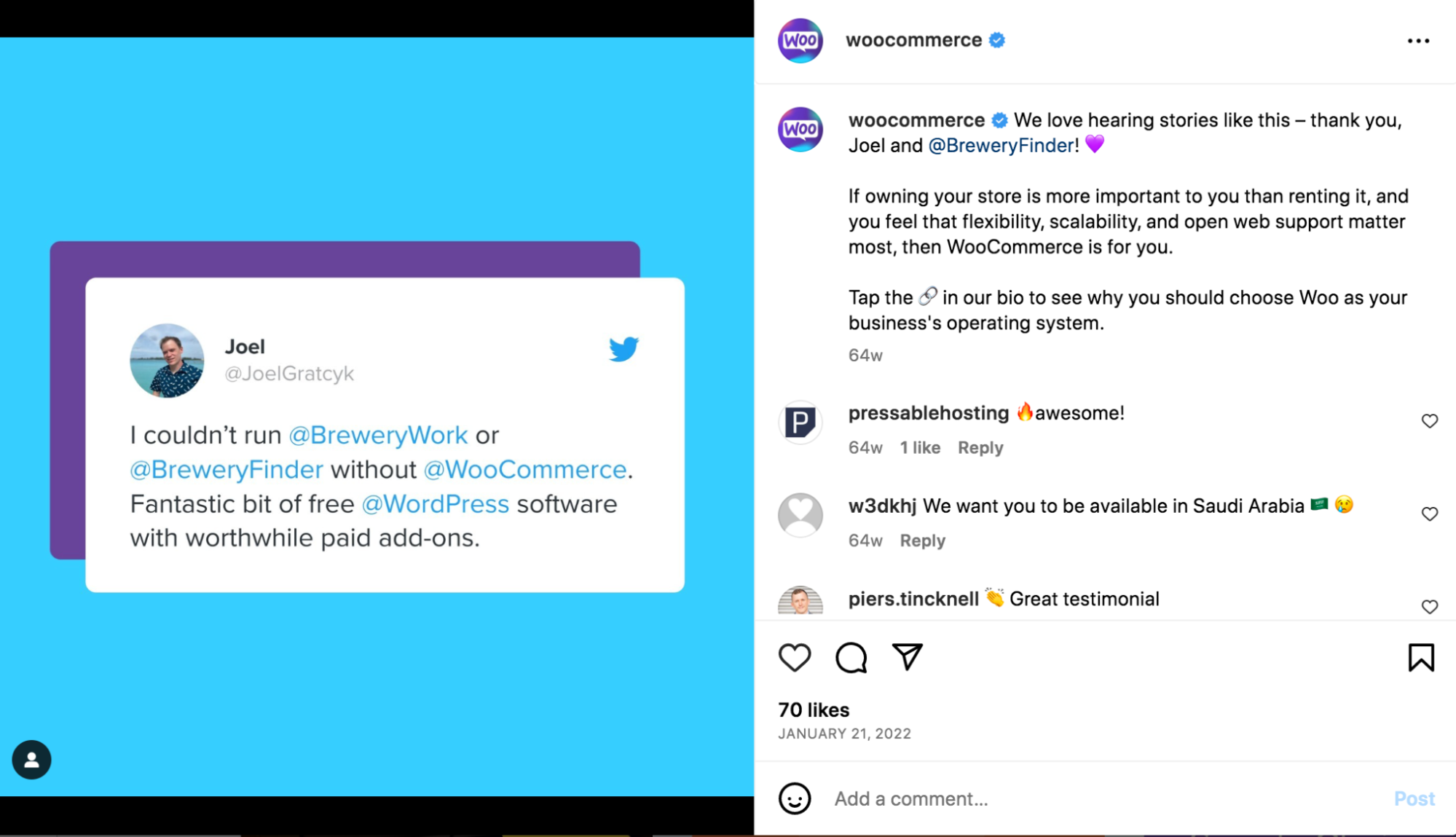 exemplu de mărturie a unui client pe Instagram WooCommerce