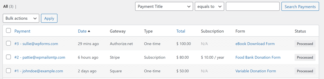 WPForms payment table