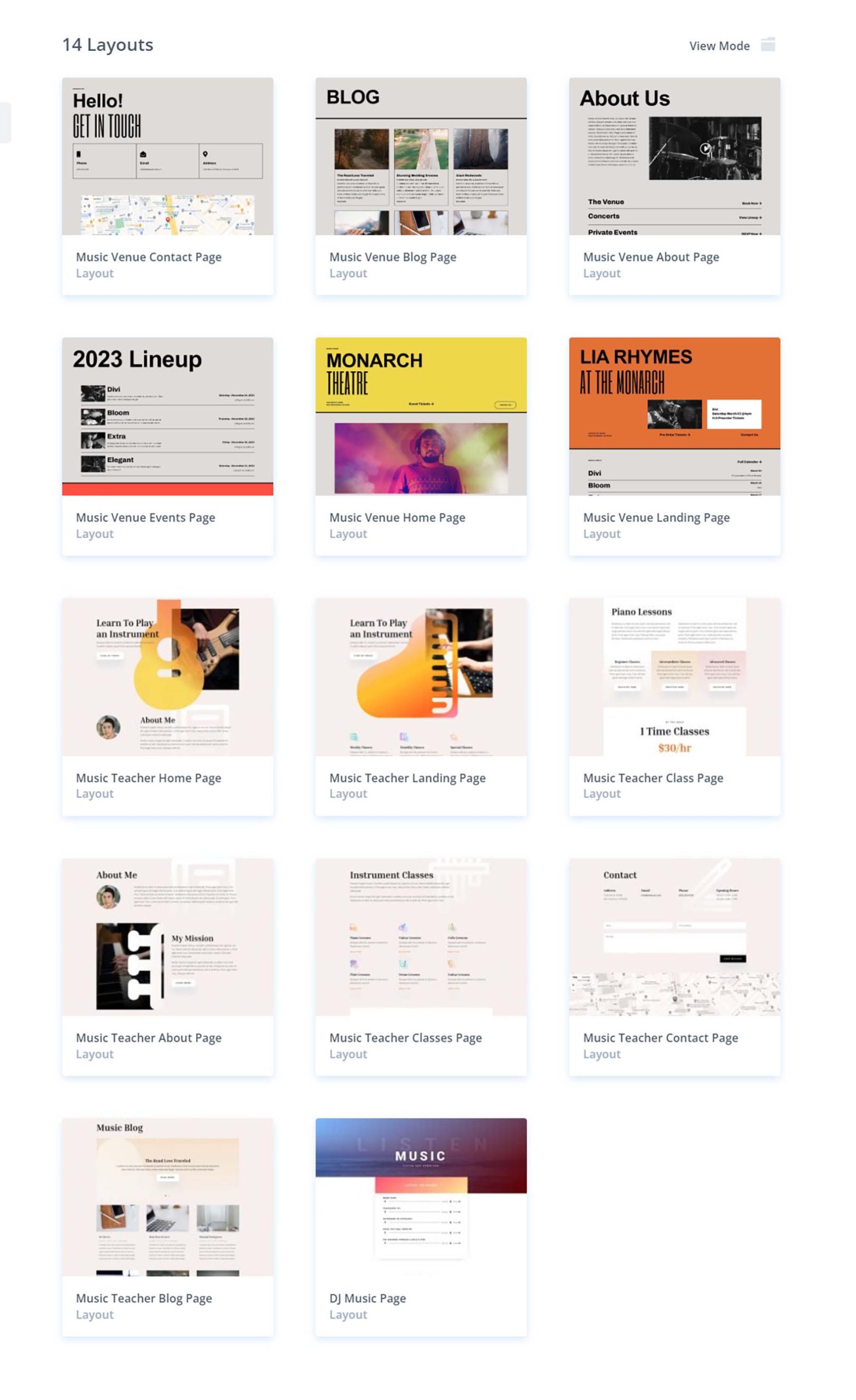 Layouts de sites completos relacionados à música de Divi