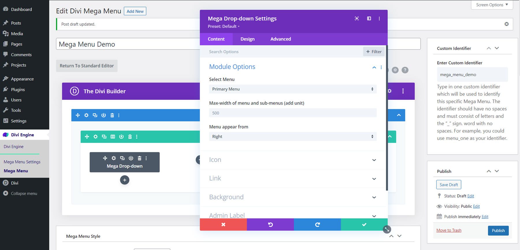 Divi Mega Menu Mega Layout do módulo suspenso Menu de seleção