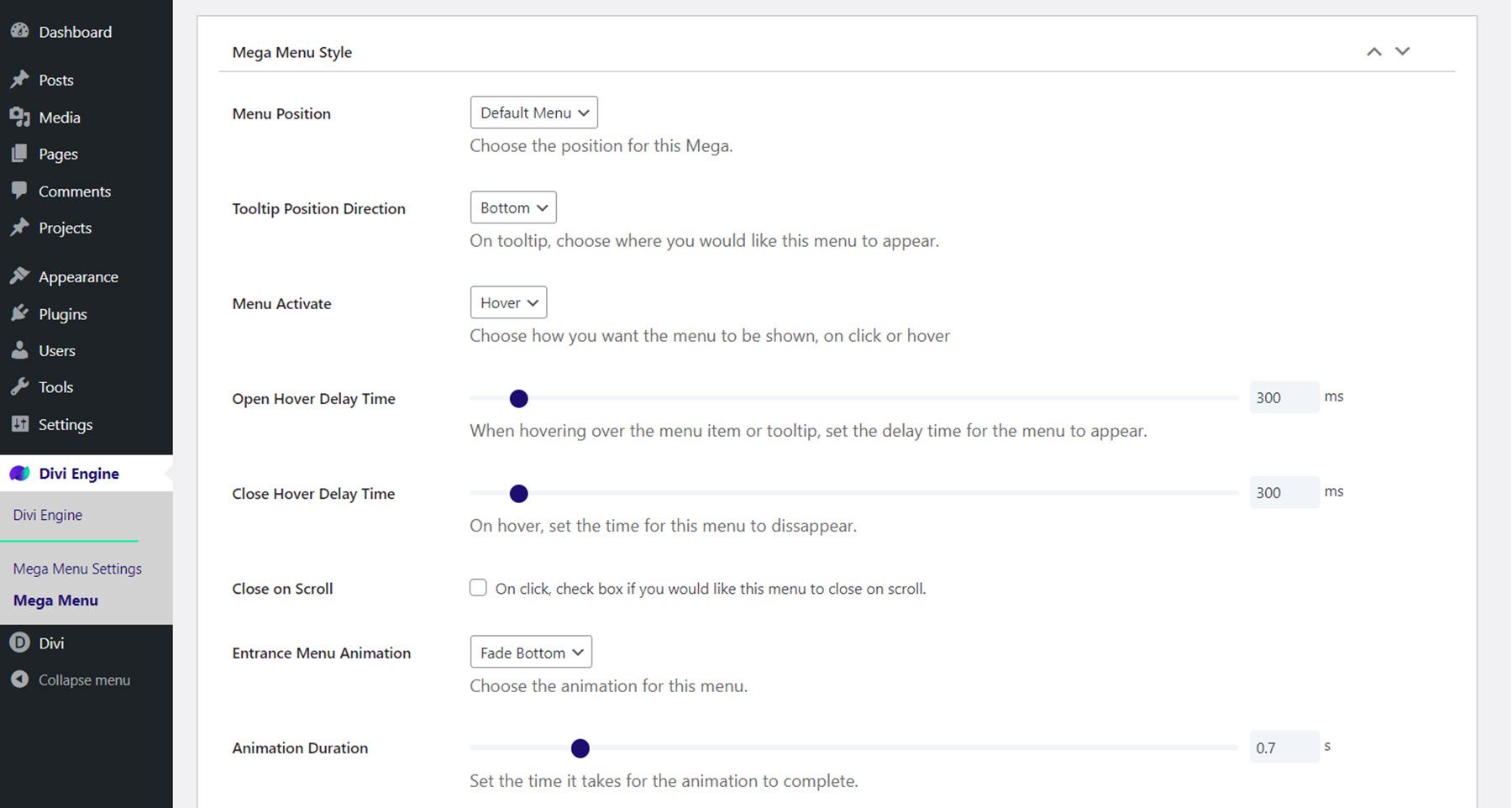 Configuración de estilo de menú Divi Mega