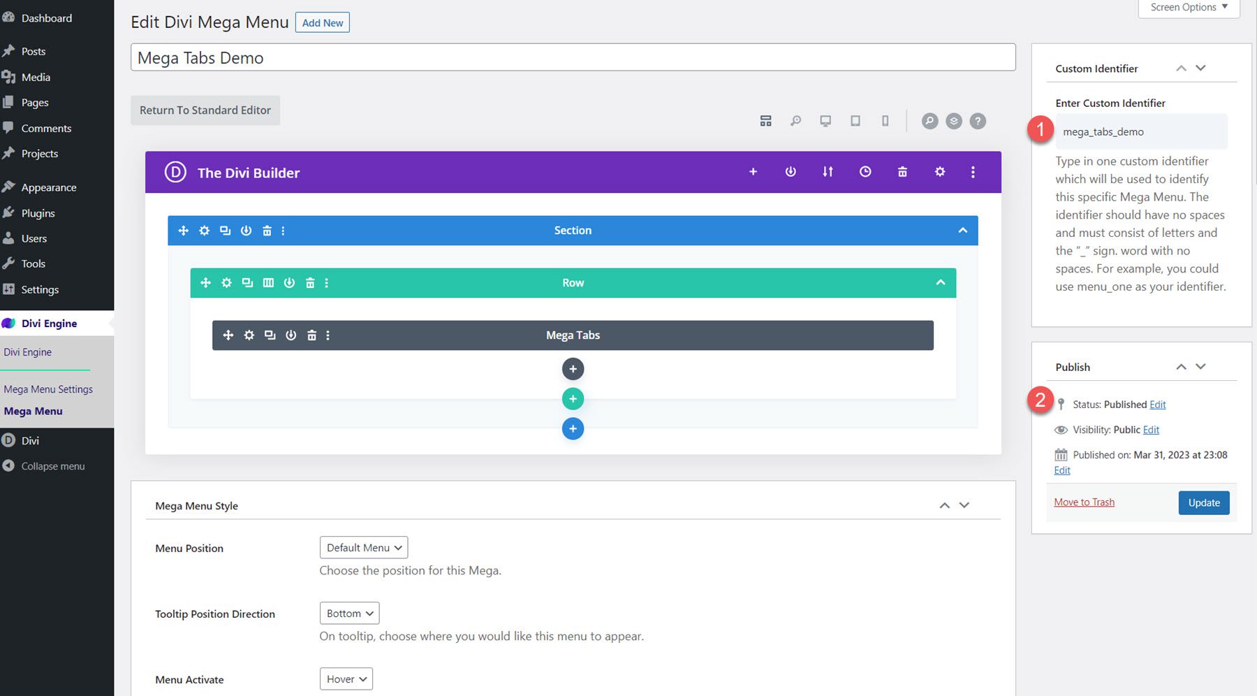 Identificator personalizat Divi Mega Menu