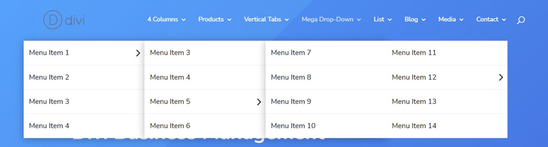 Exemplu de aspect de afaceri Divi Mega Menu