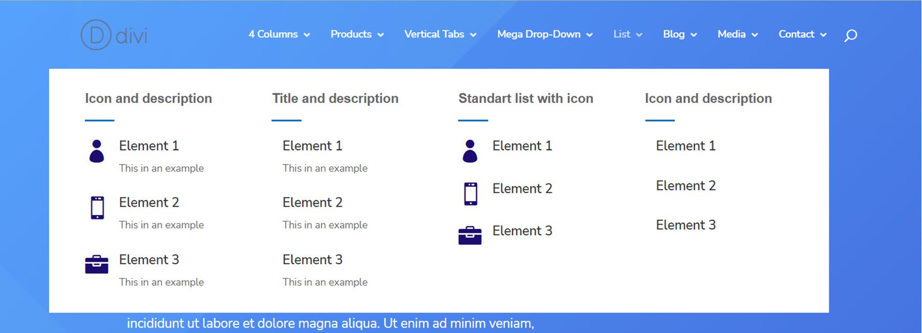 Exemplu de aspect de afaceri Divi Mega Menu