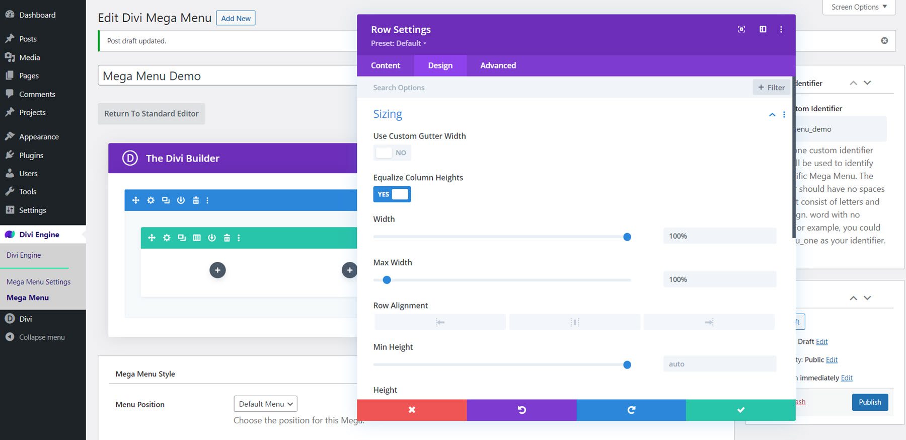 Divi Mega Menu Mega drop-down Aspect modul modul Dimensiune rând