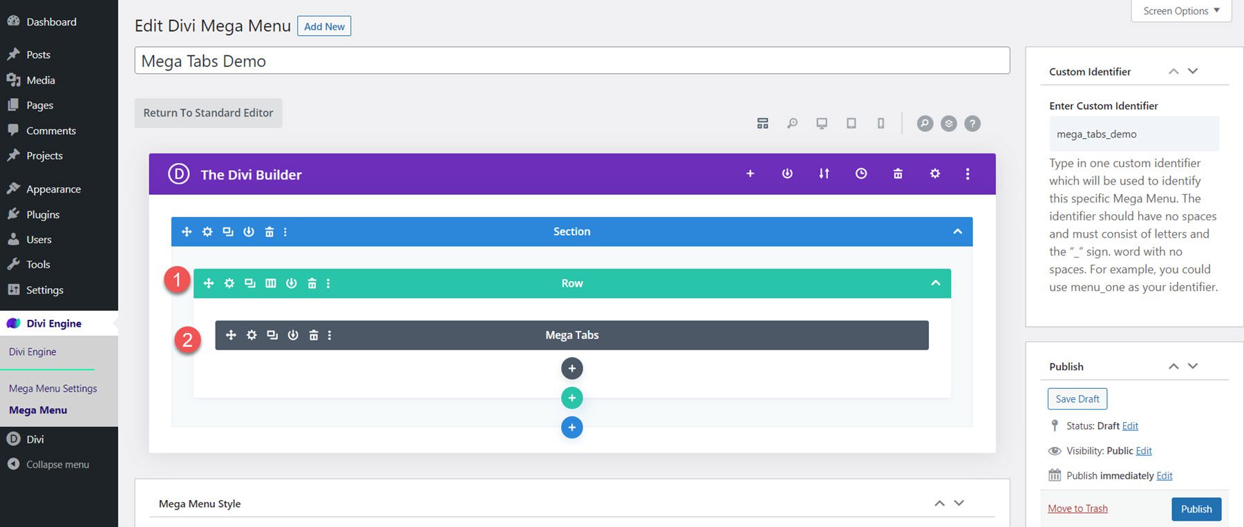 Divi Mega Menu Mega Files Adaugă rând Adaugă file