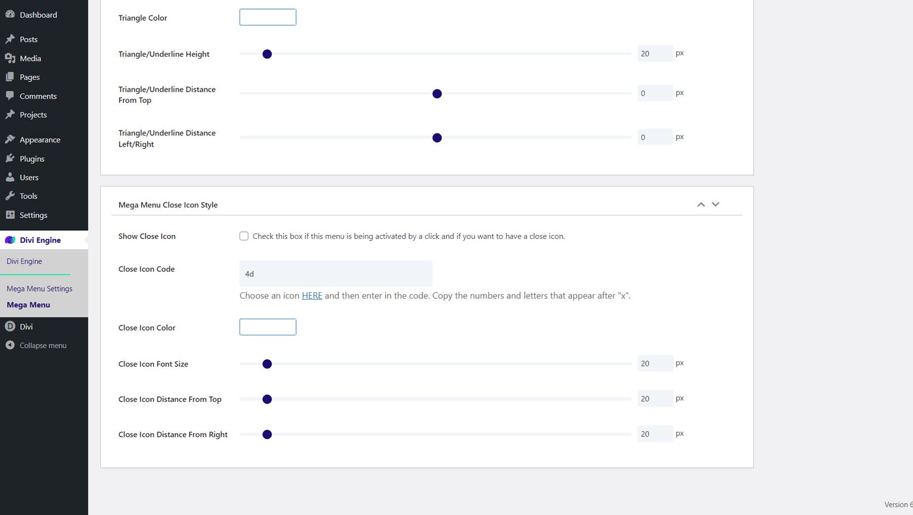 Divi Mega Menú Cerrar estilo de icono