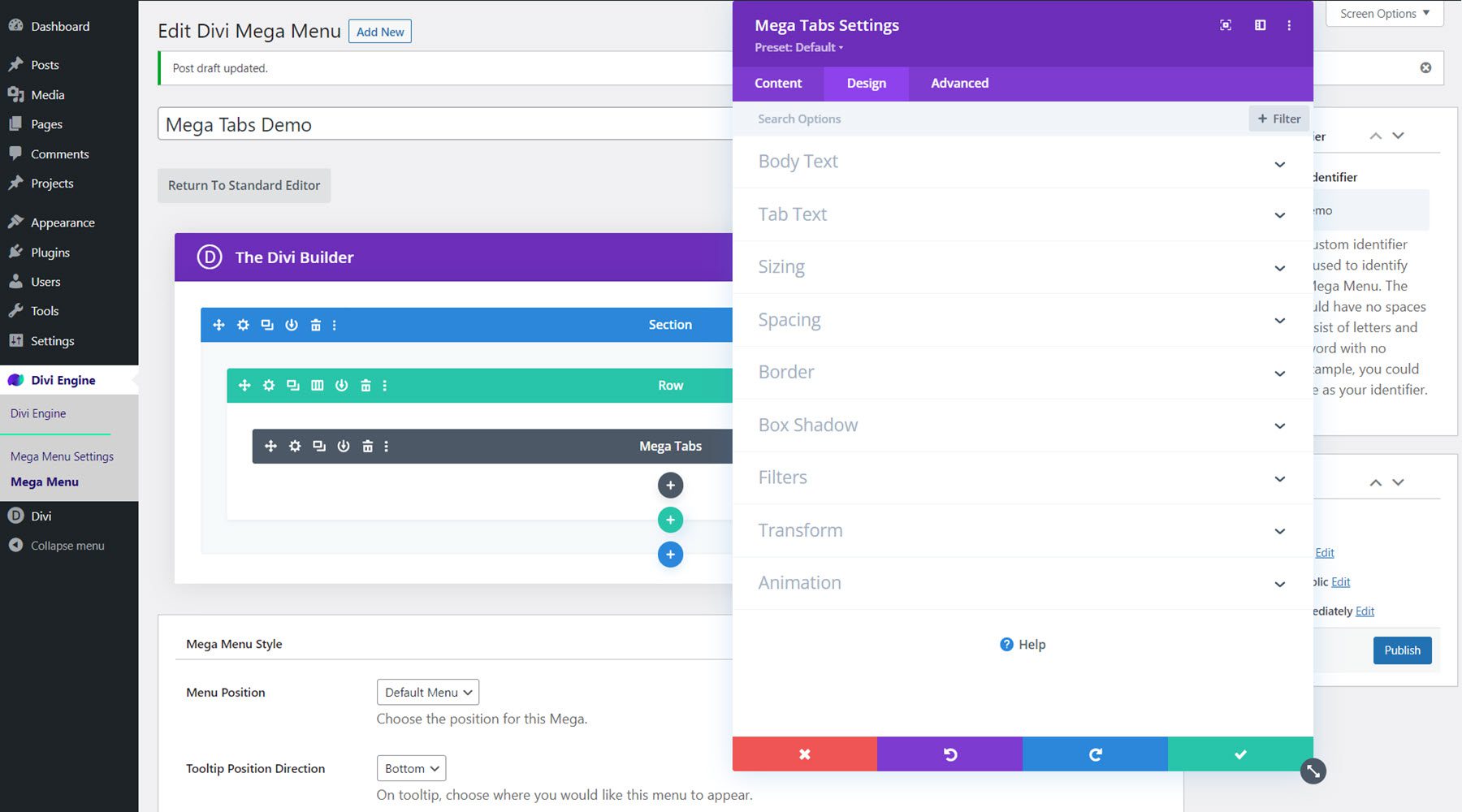 Divi Mega Menu Mega Tabs Ustawienia projektowe