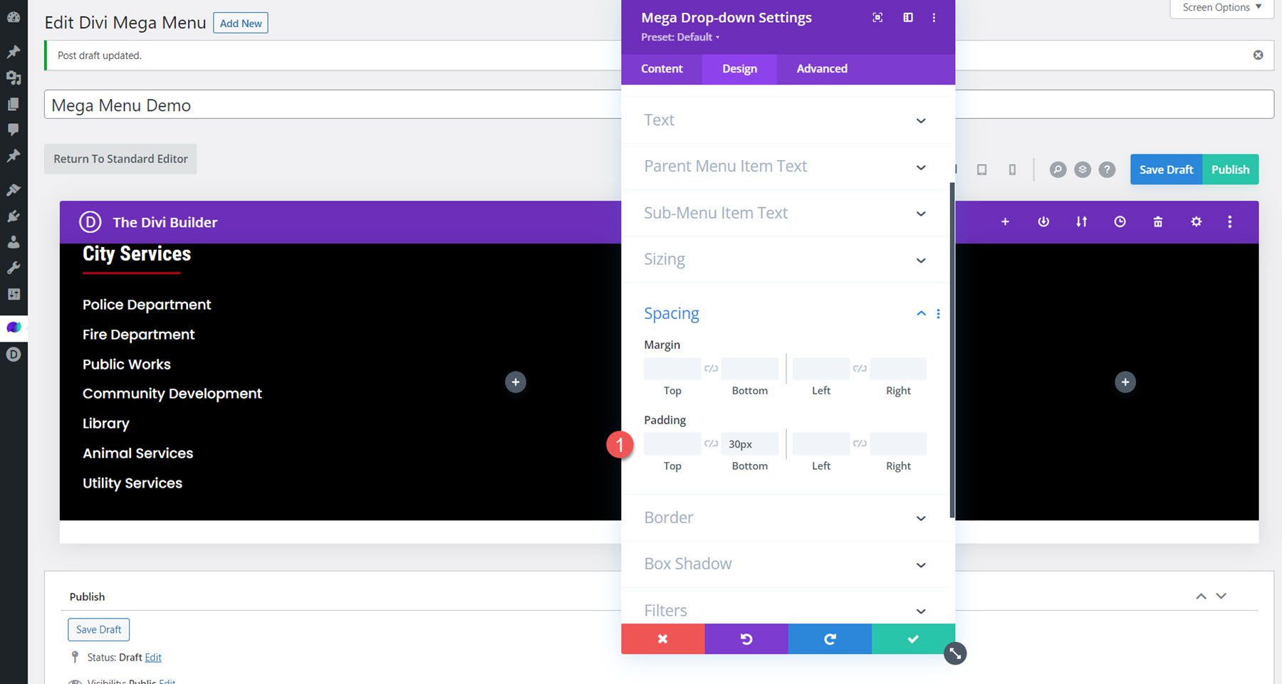 Divi Mega Menu Mega Drop-Down Padding Tata Letak Modul