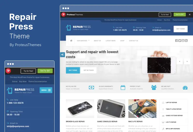 RepairPress Theme - GSM, tema de WordPress para tienda de reparación de teléfonos