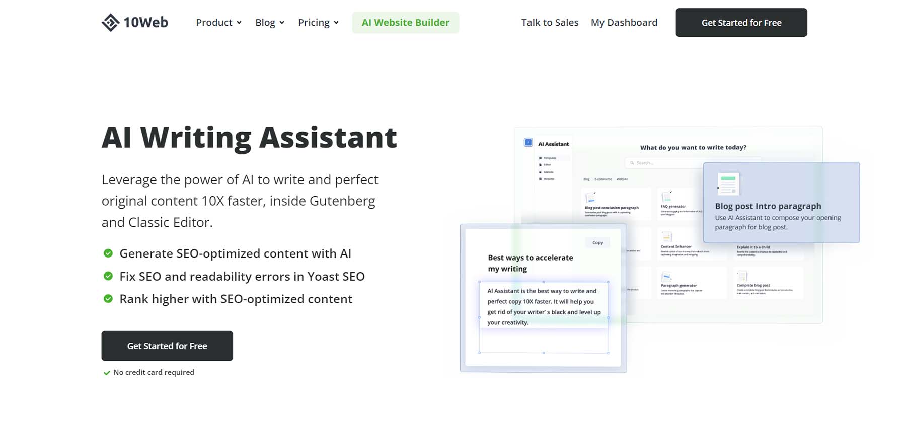 10Web Writing Assistant, un instrument de creare de conținut WordPress AI