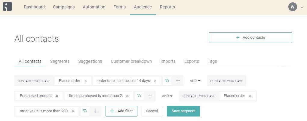 Options de segmentation Omnisend