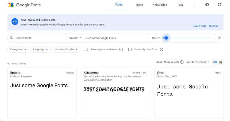 高度なフィルターを備えた Google Fonts ディレクトリ - 出典: Google Fonts