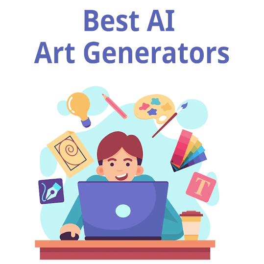 Image for AI Art Generators, a boy with laptop and art design around