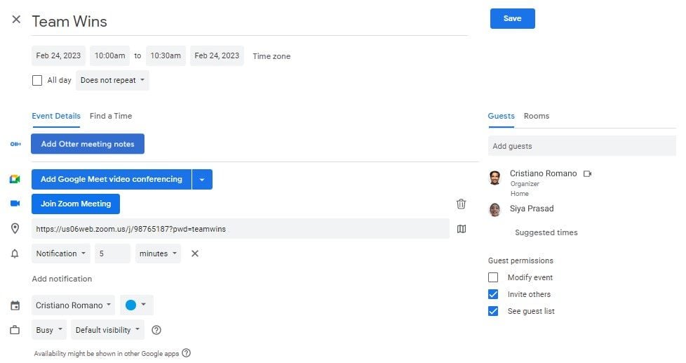 Extensão do Chrome Otter.ai - convite do Google Agenda