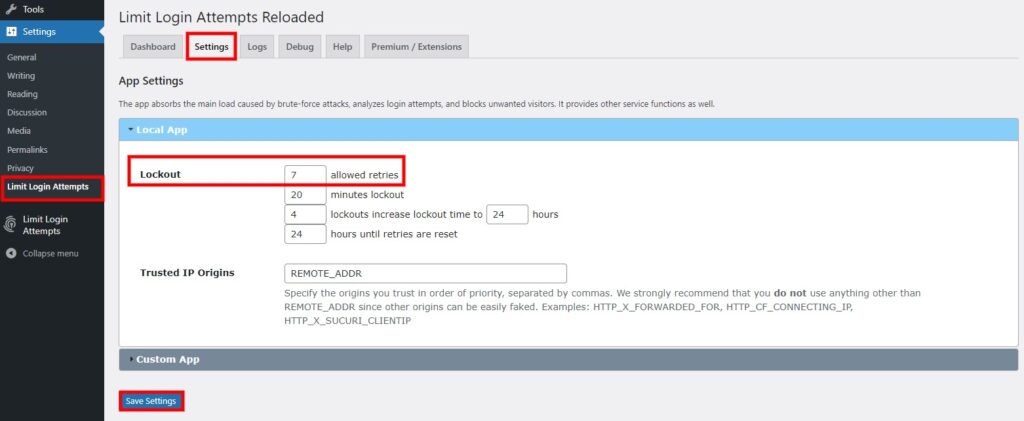 la configuración de la aplicación limita los intentos de inicio de sesión de wordpress