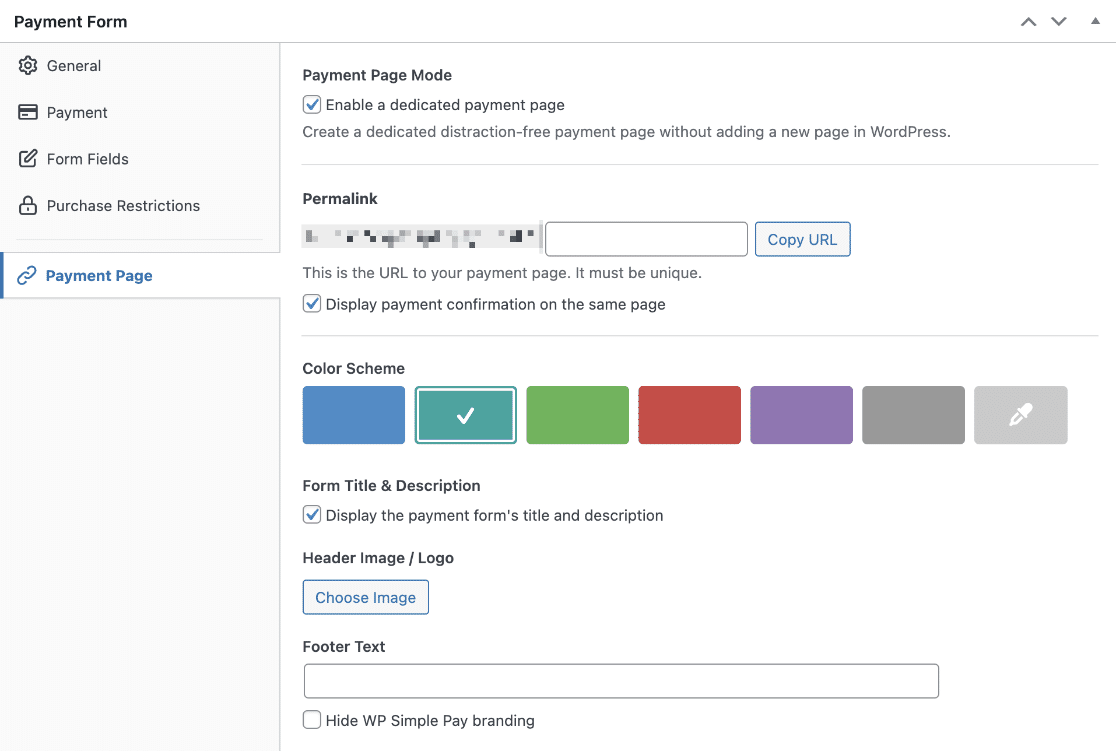 Payment page options WP Simple Pay